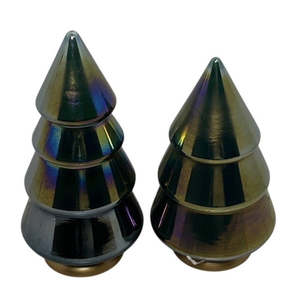 Set of 2 Iridescent Ceramic Christmas Trees Hunter Green Oil Slick Holiday Decor